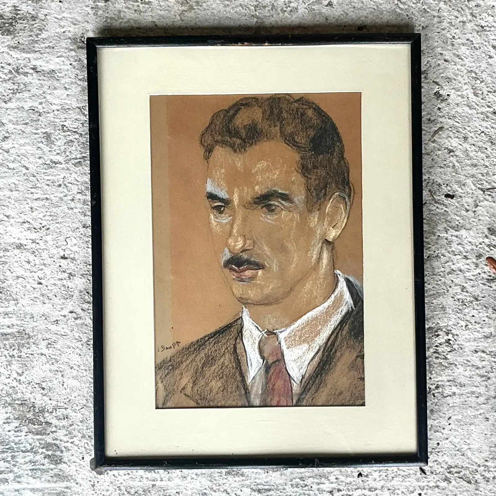 Vintage Boho Original Charcoal Portrait of Man - Back view