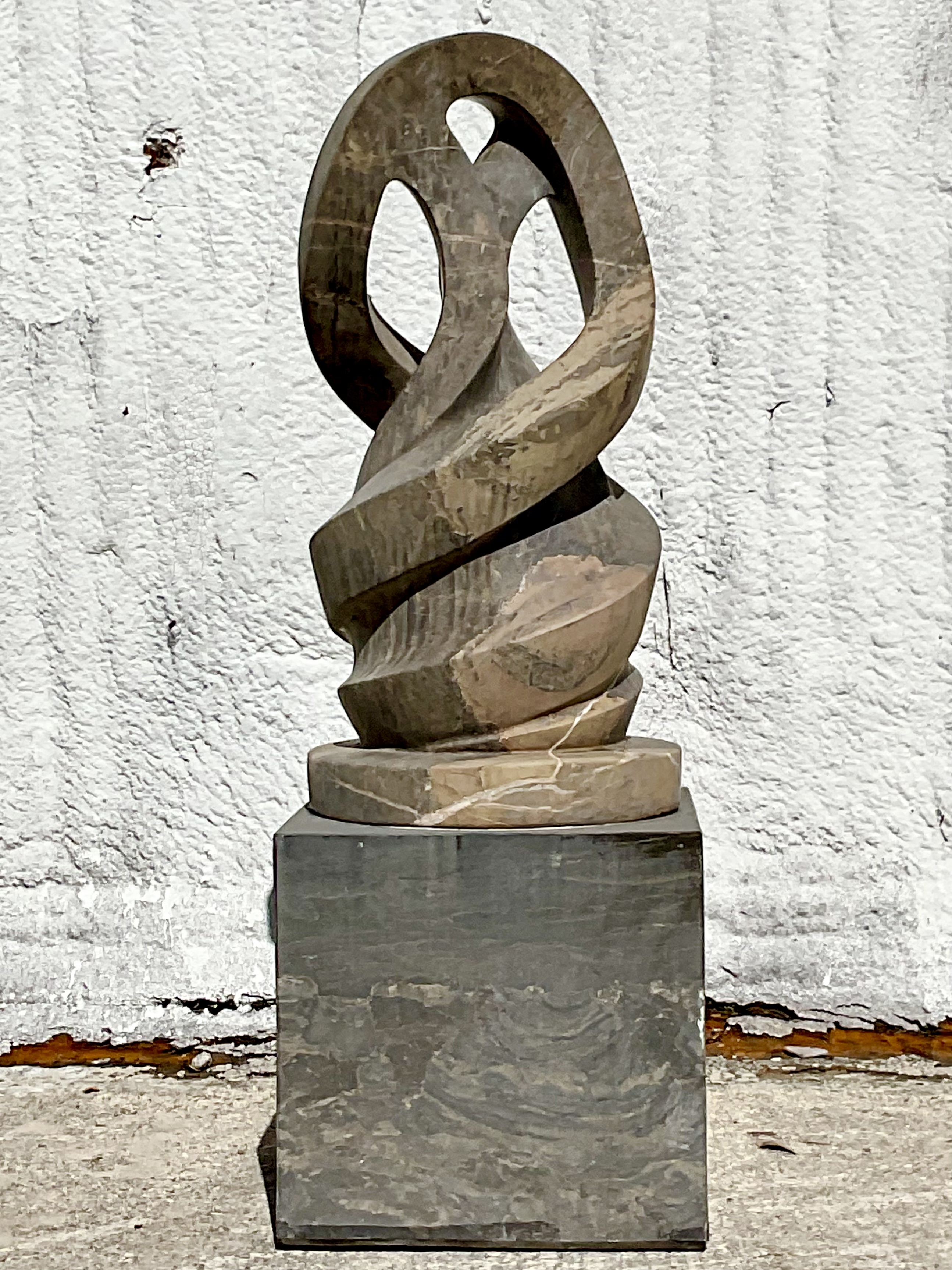Vintage Boho Intertwined Hand Carved Marble Abstract Sculpture on Marble Base - Detail view