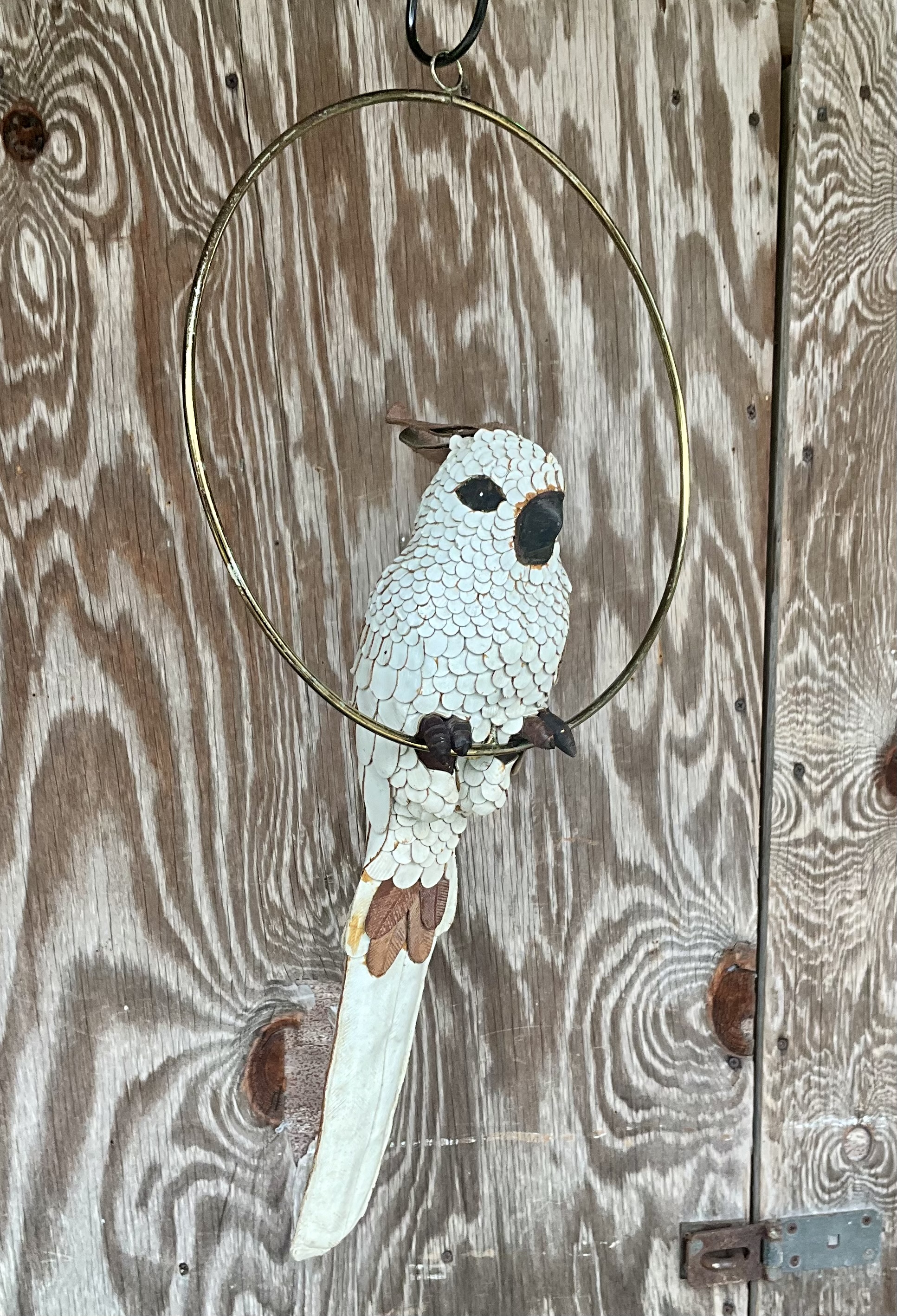 Vintage Boho White Hand Crafted Leather Cockatoo on Brass Swing - Top view