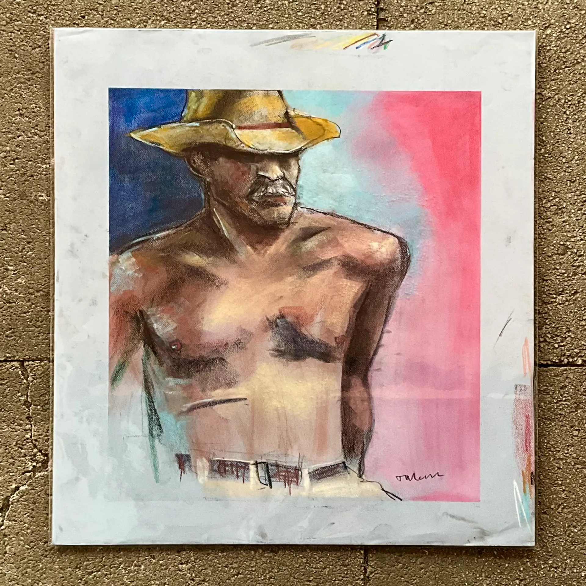 Vintage Boho Original Pastel Drawing of Cowboy - Detail view