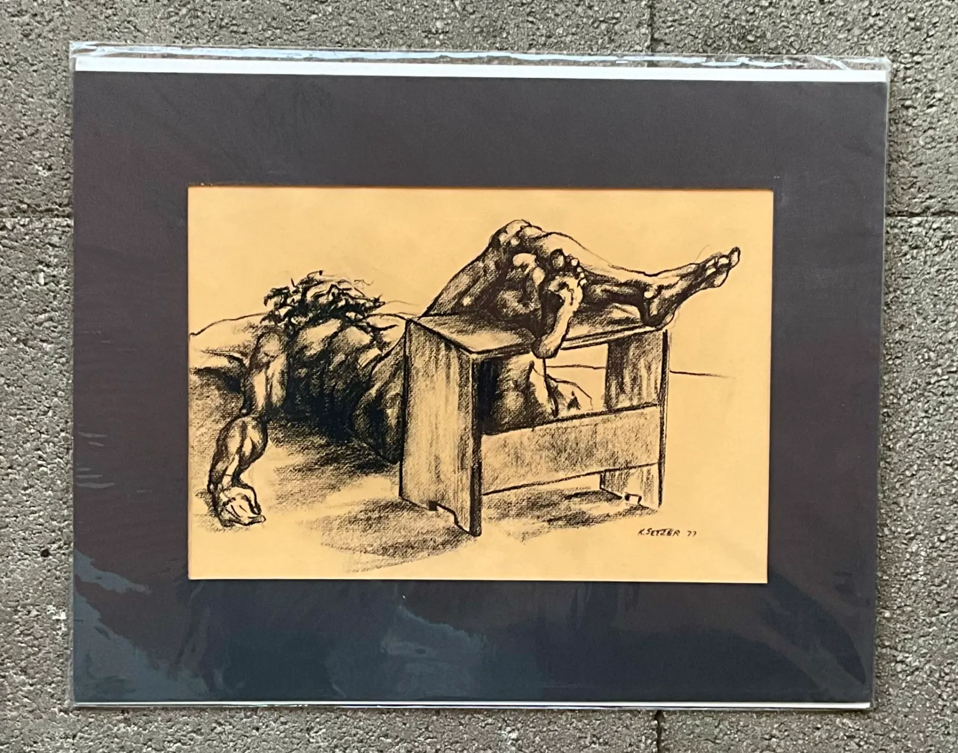 Vintage Boho Original Signed Nude Sketch - Synthetic, 20W x 15.75H - Side view