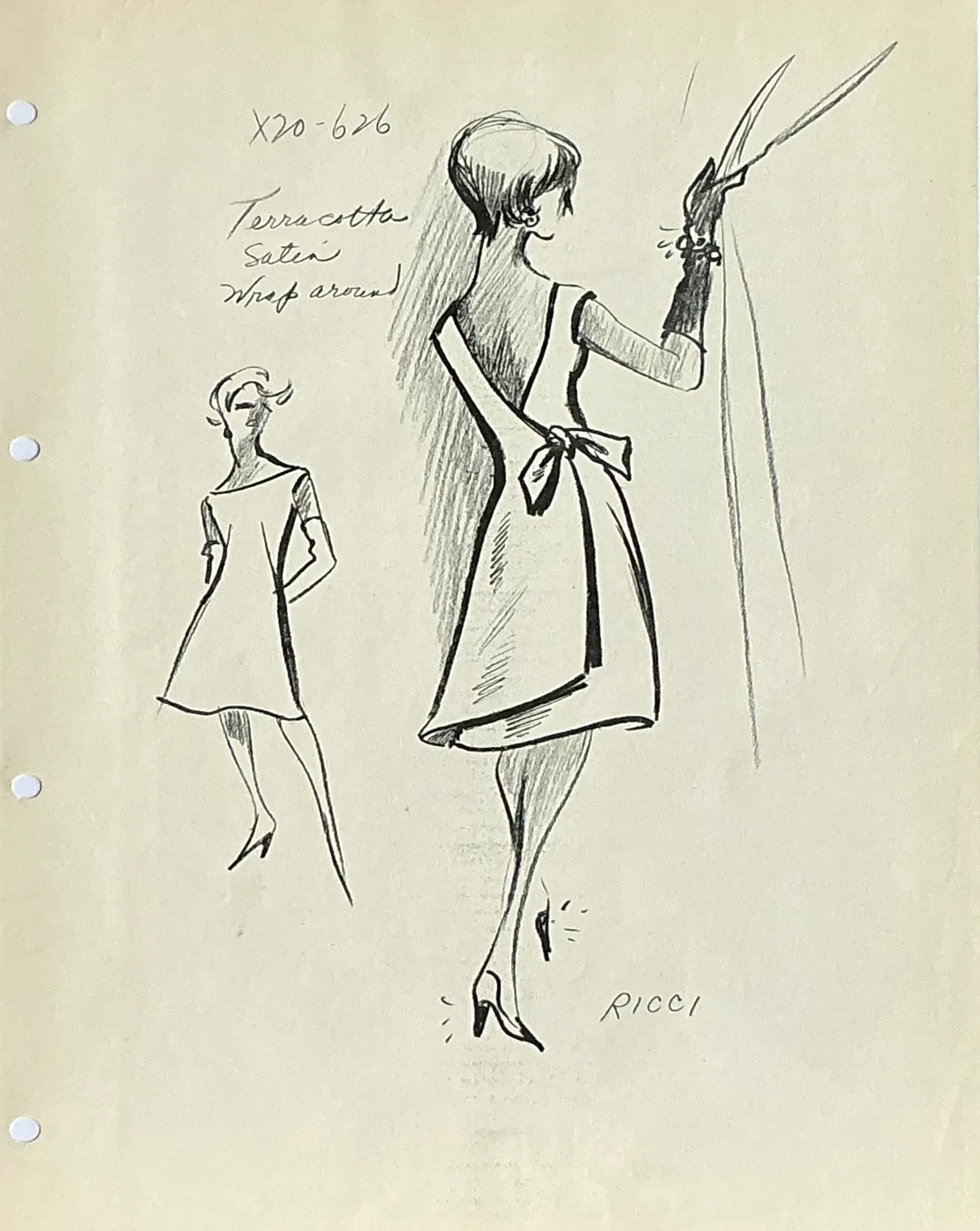 Vintage Boho Original Nina Ricci Sketch on Paper - Detail view