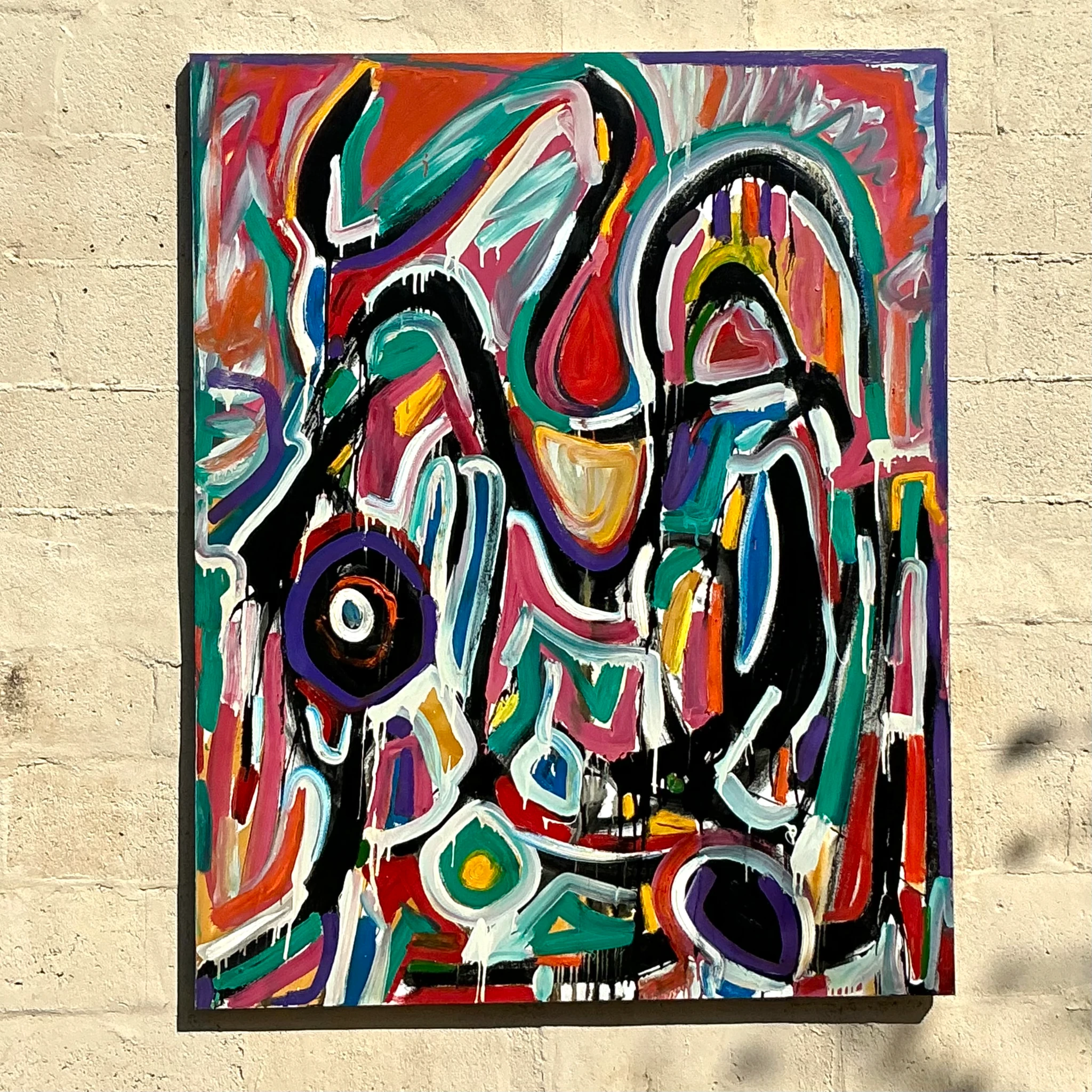 Vintage Boho Monumental Abstract Oil on Canvas - Oil Paint, 48W x 60H - Detail view