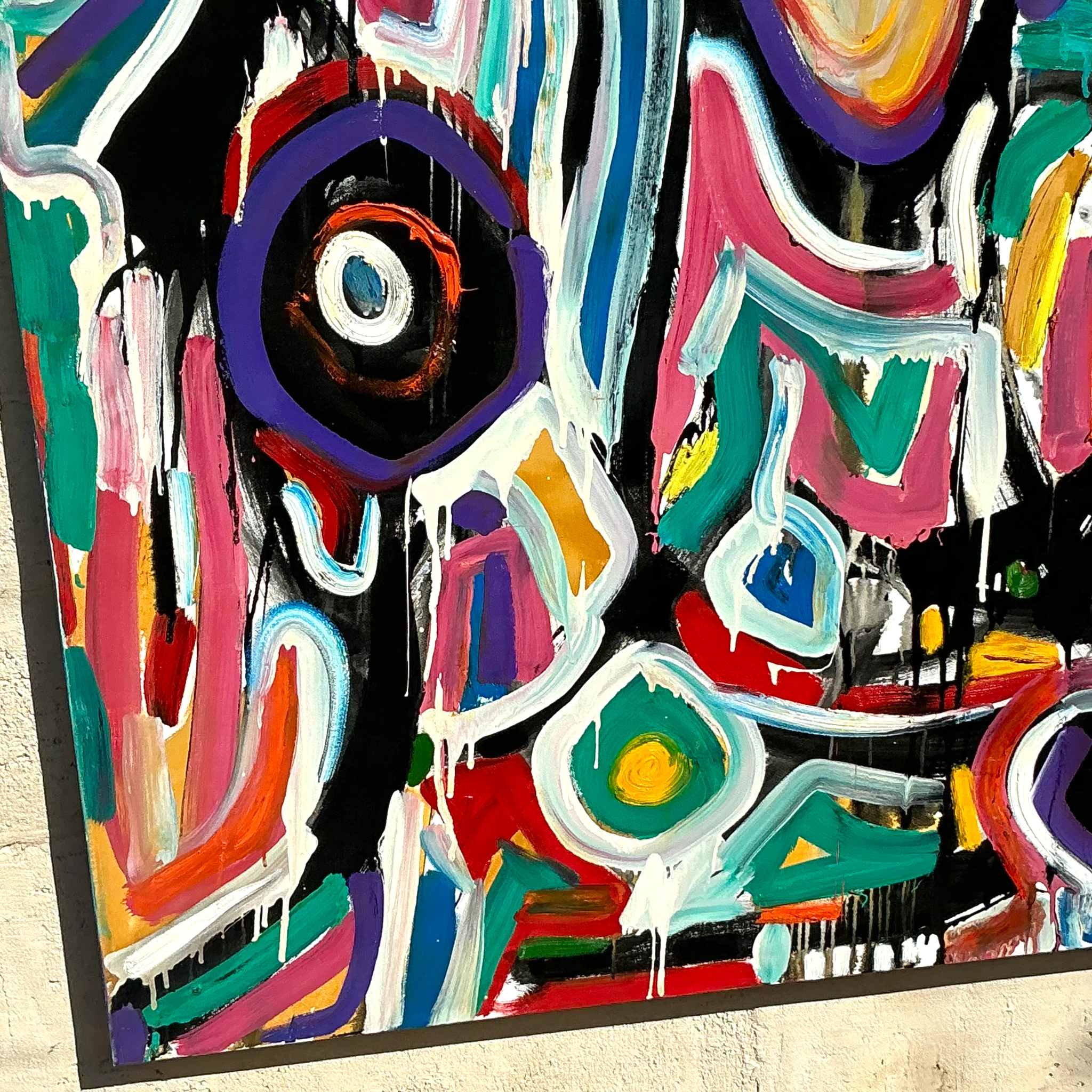 Vintage Boho Monumental Abstract Oil on Canvas - Oil Paint, 48W x 60H - Back view