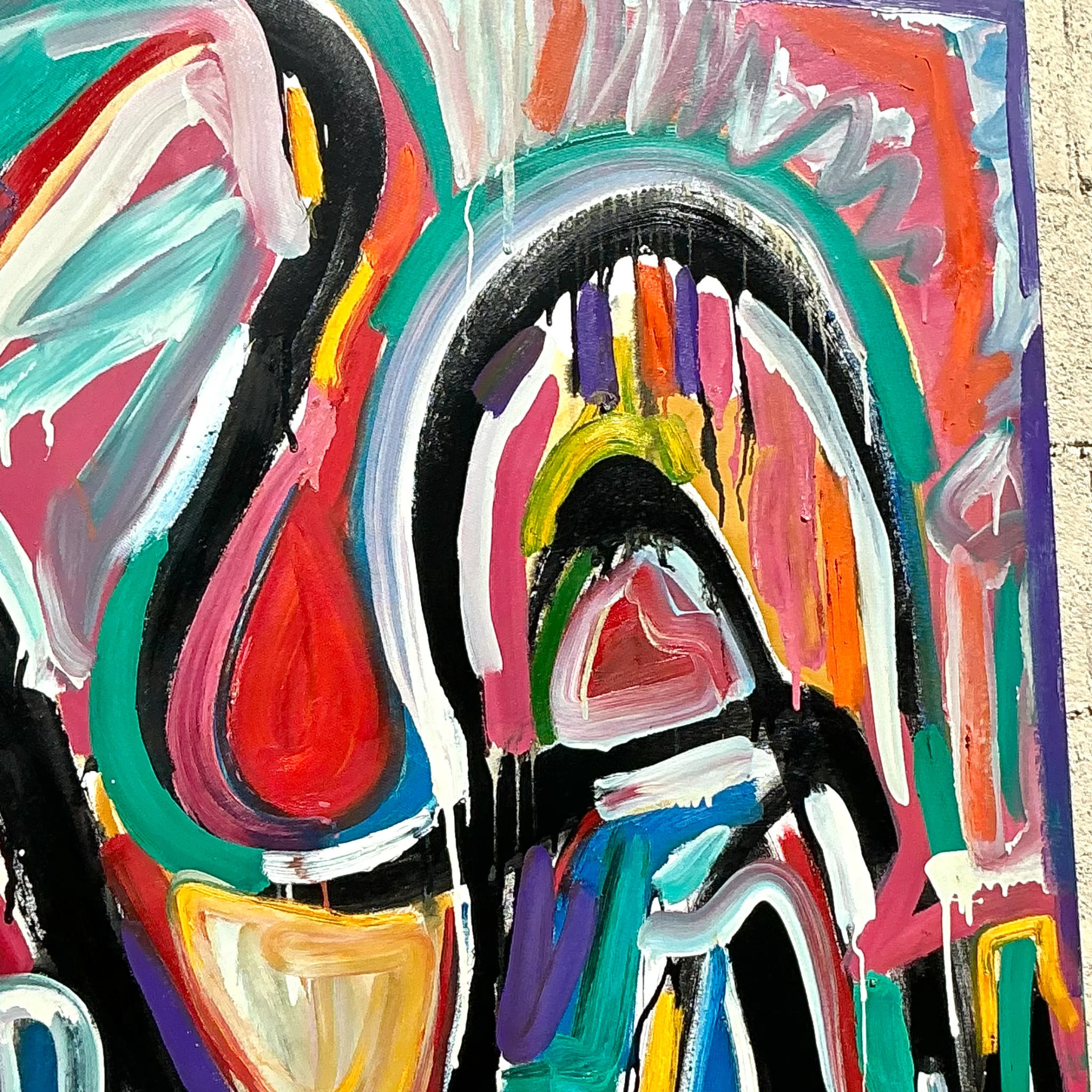 Vintage Boho Monumental Abstract Oil on Canvas - Oil Paint, 48W x 60H - Top view