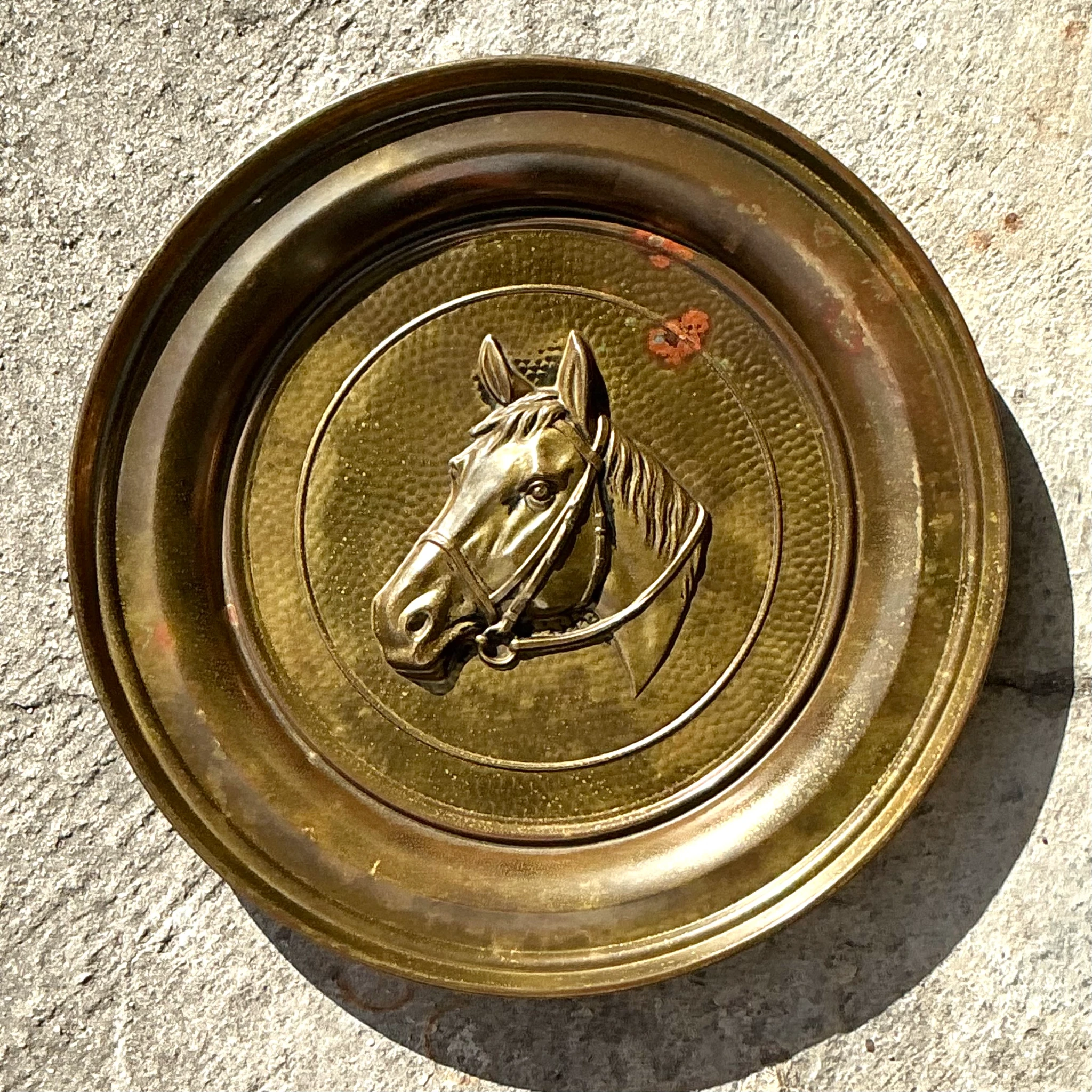 Vintage Boho Hammered Brass Horse Plate - Detail view
