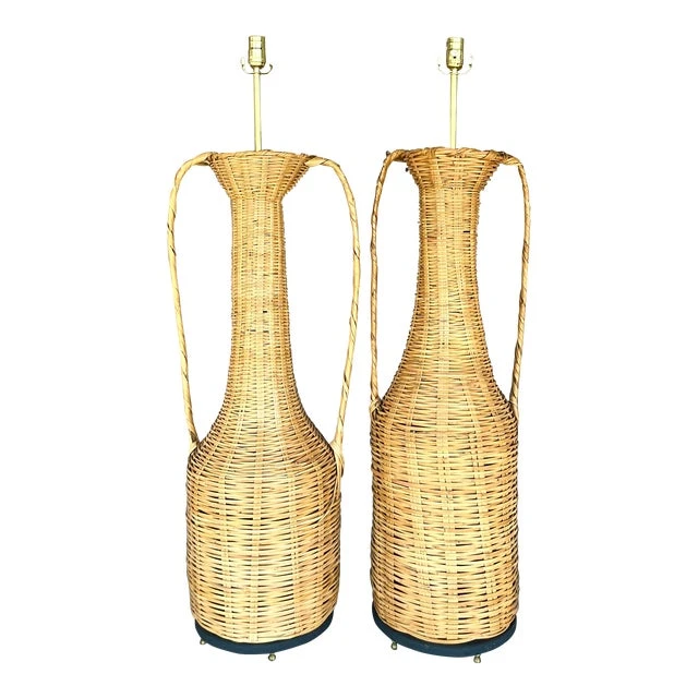 Vintage Boho Woven Rattan Urn Lamps - Set of 2