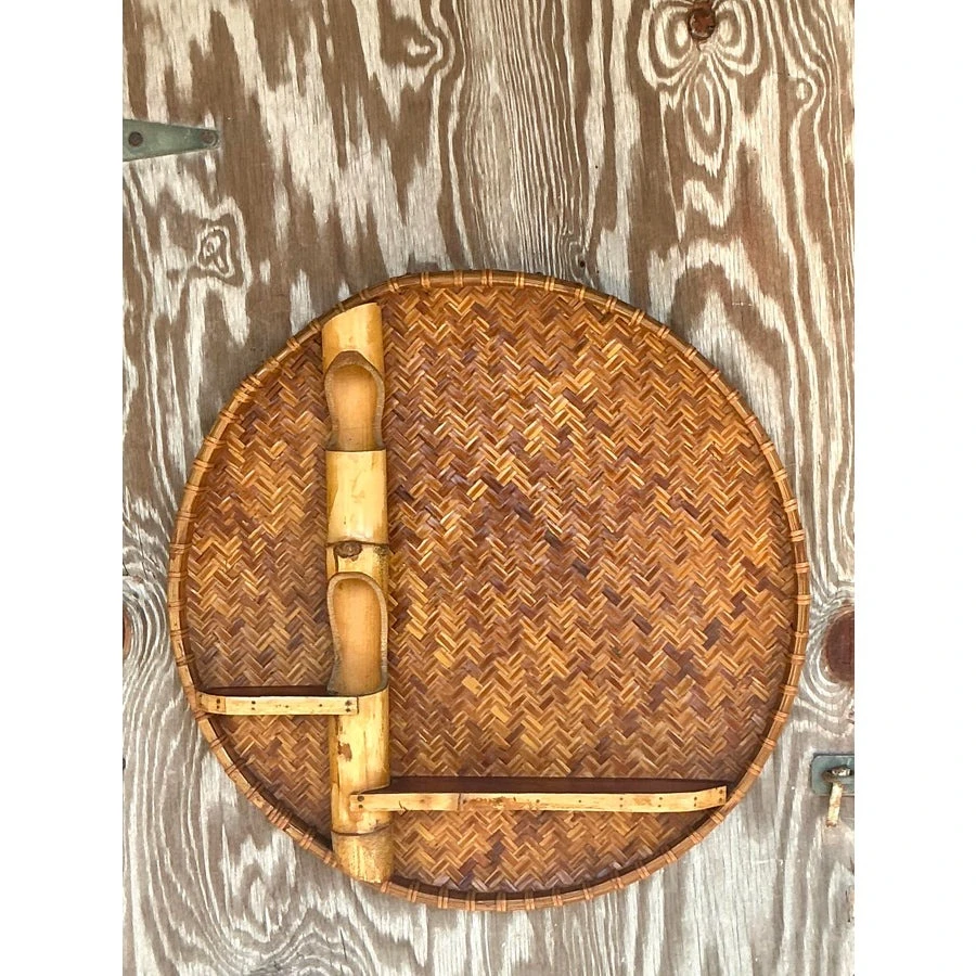 Vintage Boho Large Woven Rattan and Bamboo Wall Shelf - Top view