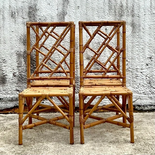 Vintage Coastal Chinese Chippendale Rattan Dining Chairs - Set of 4  - Top view