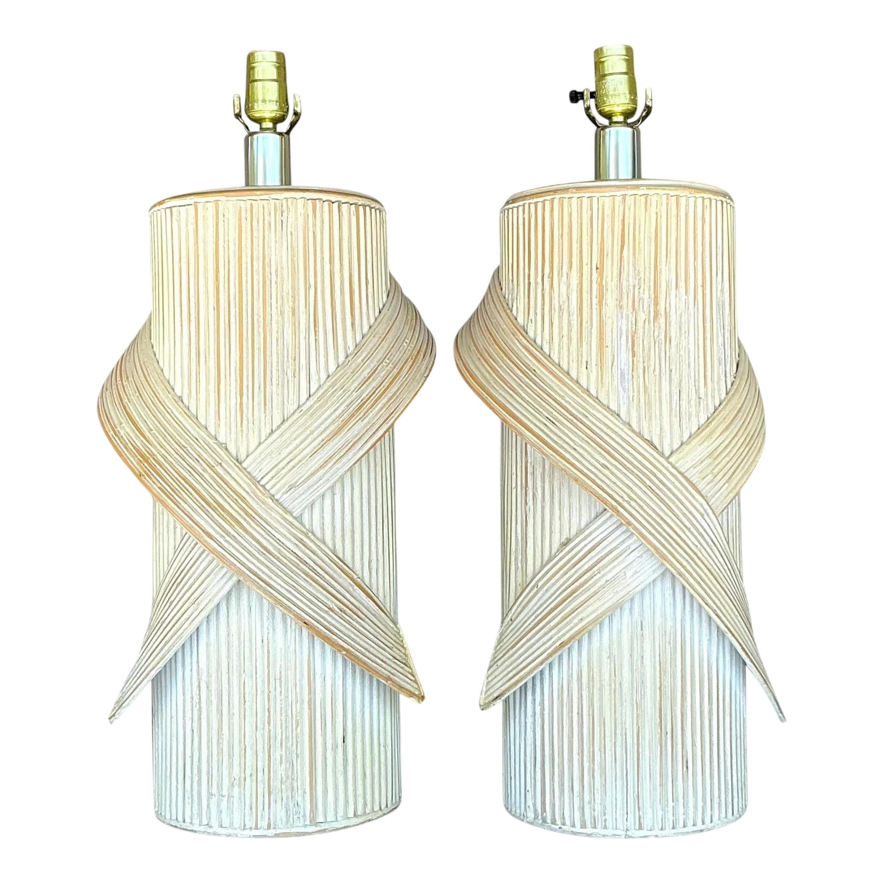 Vintage Coastal Washed Pencil Reed Lamps - a Pair
