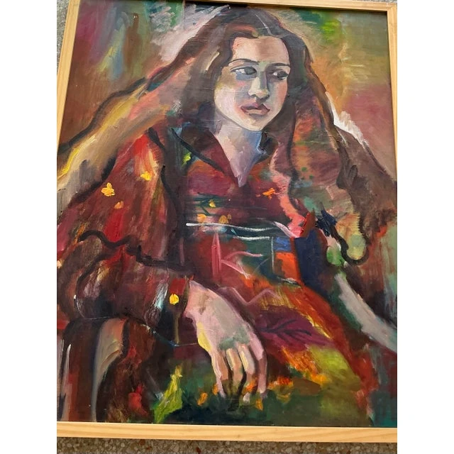 Vintage Boho Original Oil Portrait on Canvas - Wood, 26.5W x 31.25H - Top view