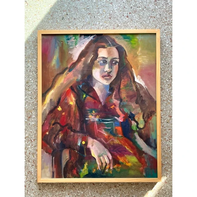 Vintage Boho Original Oil Portrait on Canvas - Wood, 26.5W x 31.25H - Back view