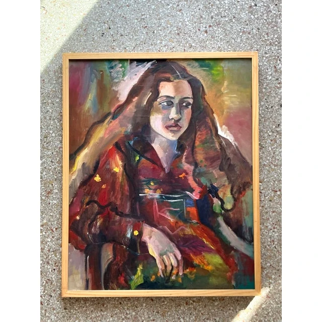 Vintage Boho Original Oil Portrait on Canvas - Wood, 26.5W x 31.25H - Side view