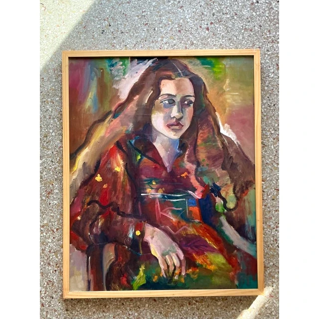 Vintage Boho Original Oil Portrait on Canvas - Wood, 26.5W x 31.25H - Detail view
