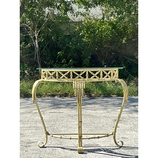 Vintage Coastal Metal Bamboo Demilune Table - Top view