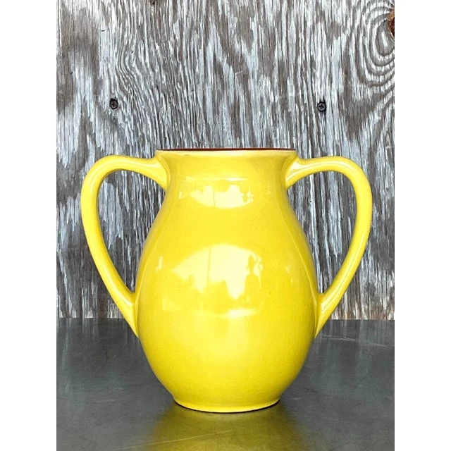 Vintage Boho Glazed Ceramic Two Handle Vase - Side view