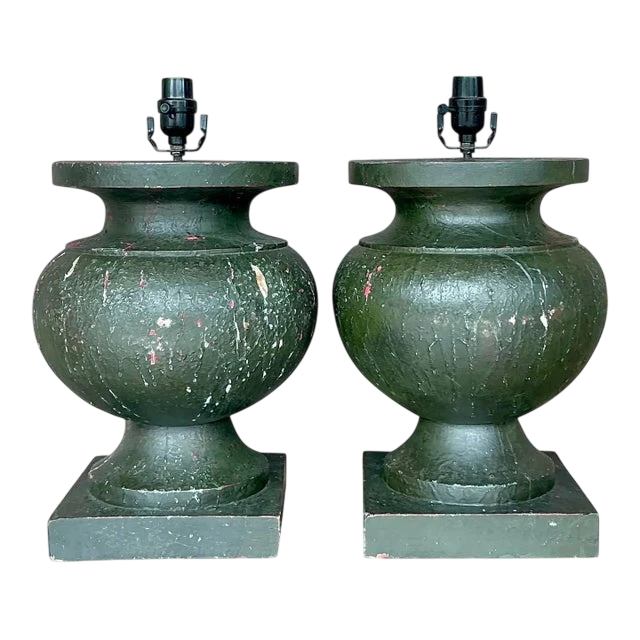 Vintage Boho Patinated Turned Wood Lamps - a Pair
