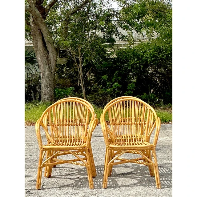 Vintage Coastal Stick Rattan Dining Chairs - Set of 4 - Side view