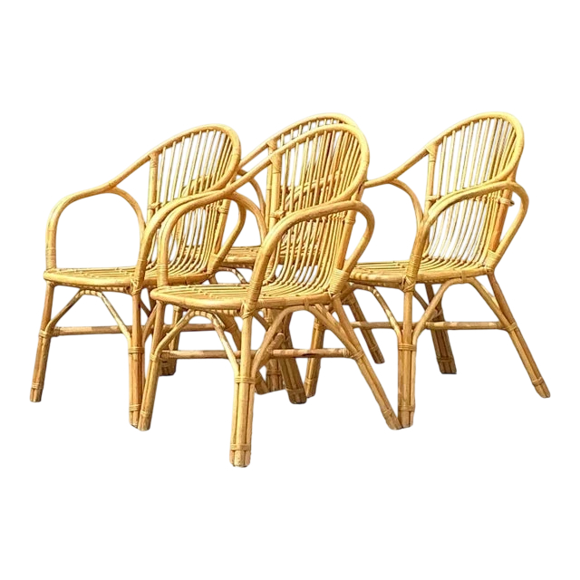 Vintage Coastal Stick Rattan Dining Chairs - Set of 4
