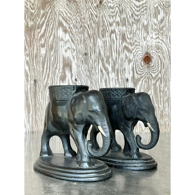 Vintage Boho Matte Glazed Ceramic Elephants- Set of 2 - Side view