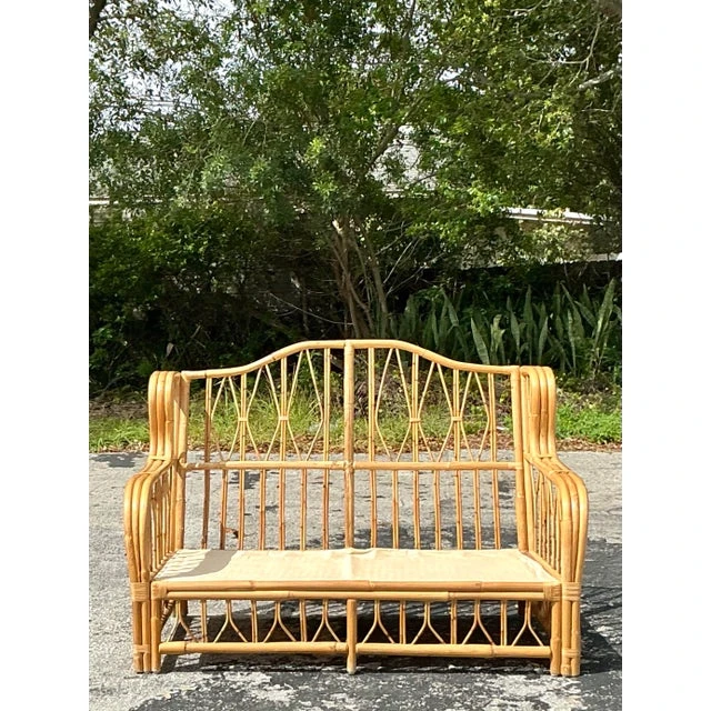Vintage Coastal Bent Rattan Loveseat - Rattan, 57W x 39.5H - Back view