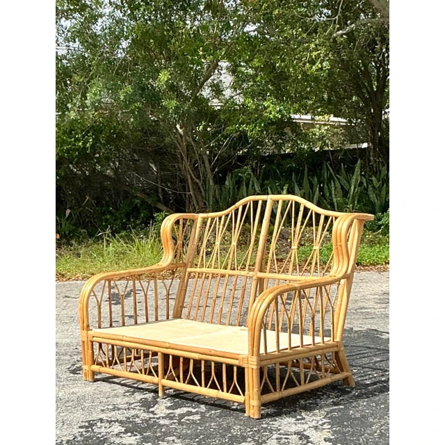 Vintage Coastal Bent Rattan Loveseat - Rattan, 57W x 39.5H - Side view