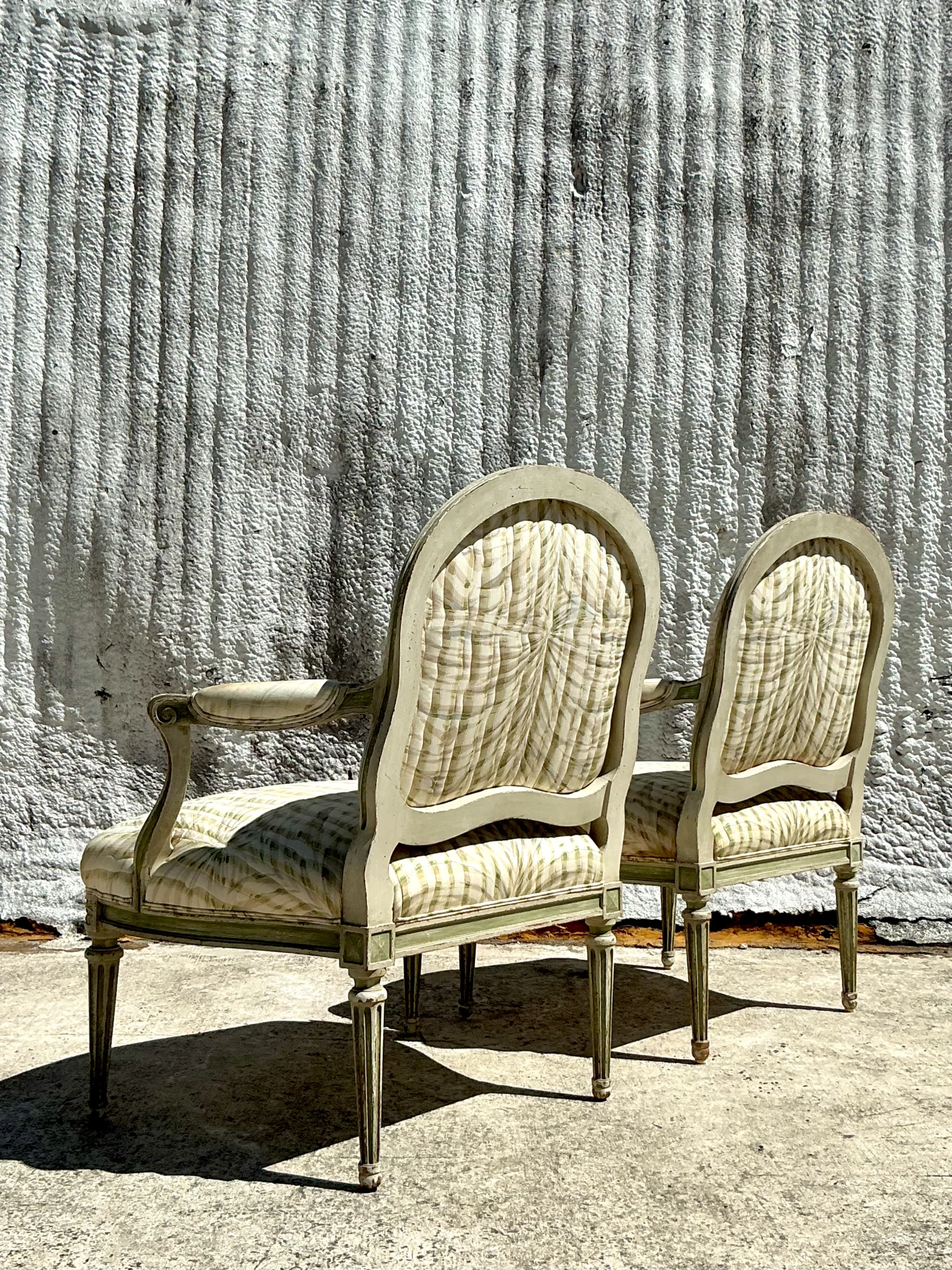 Vintage Regency Swag Print Fauteuil Chairs - A PairVintage Regency Swag Print Fauteuil Chairs - A Pair - Side view