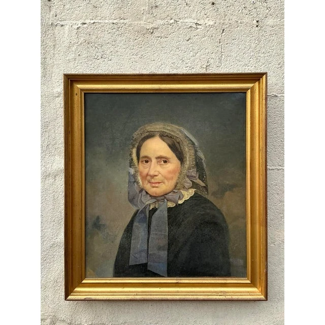Vintage Boho Original Oil Portrait on Canvas - Wood, 20.5W x 23H - Detail view