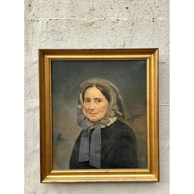 Vintage Boho Original Oil Portrait on Canvas - Wood, 20.5W x 23H - Top view