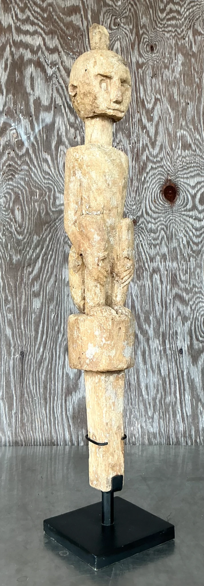 Vintage Boho Tribal African Carved Figure - Wood, 5.75W x 31.75H - Top view