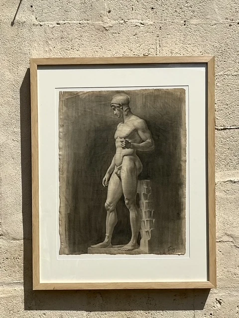 Vintage Boho Original Pencil Sketch Of Man - Wood, 26.75W x 33.75H - Detail view
