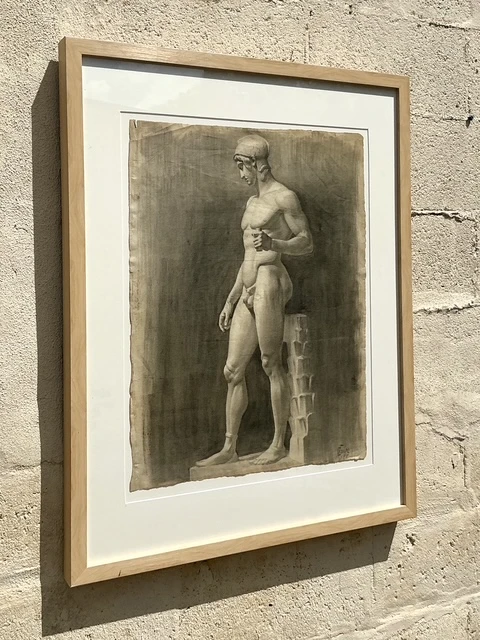 Vintage Boho Original Pencil Sketch Of Man - Wood, 26.75W x 33.75H - Side view