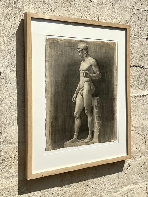 Vintage Boho Original Pencil Sketch Of Man - Wood, 26.75W x 33.75H - Back view
