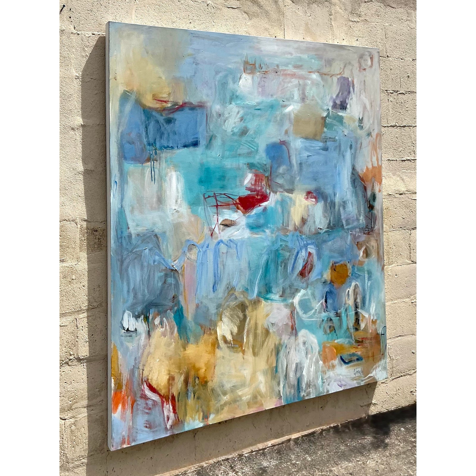 Vintage Boho Monumental Original Abstract Oil on Canvas - Side view