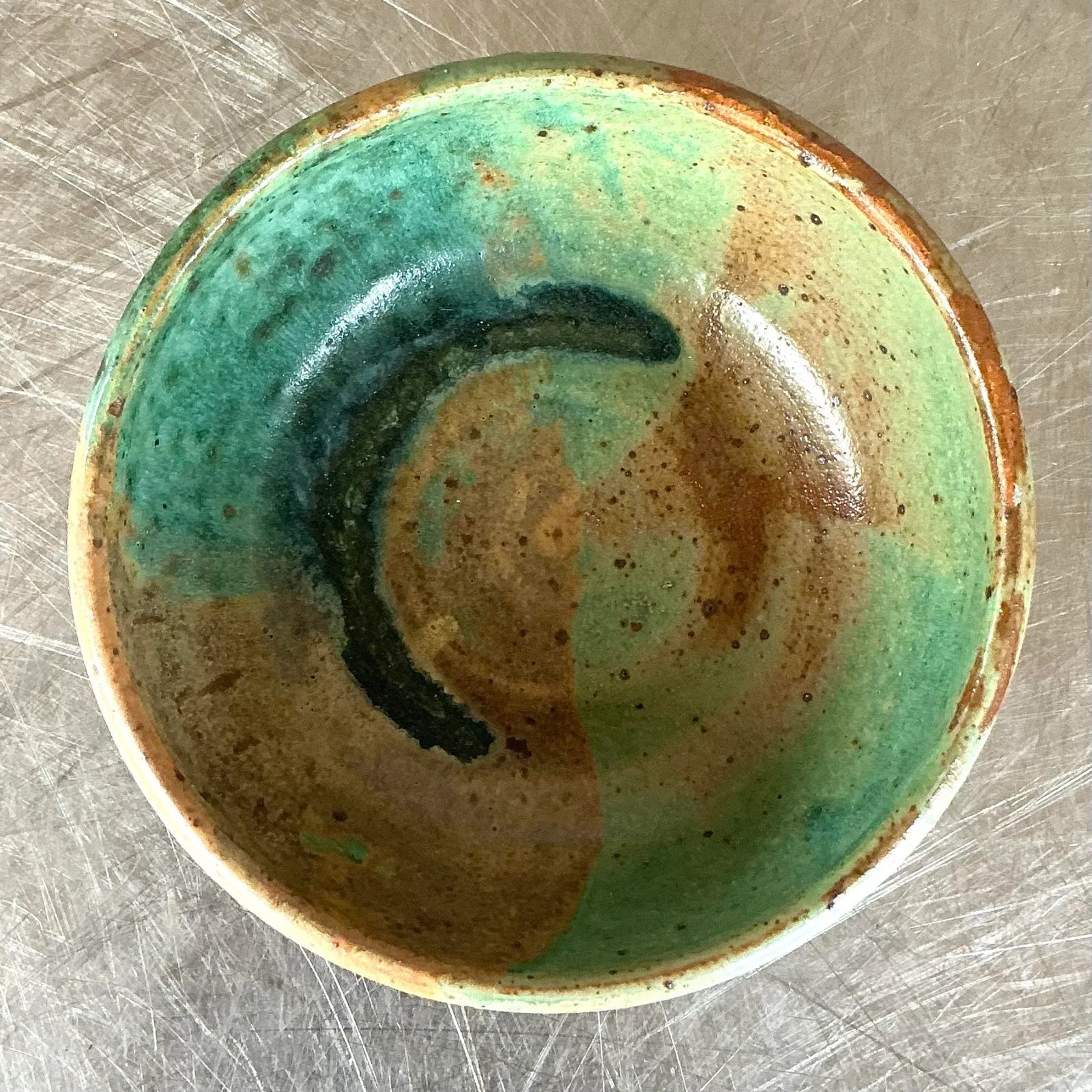 Vintage Boho Studio Pottery Bowl - Ceramic, 6W x 3H - Top view