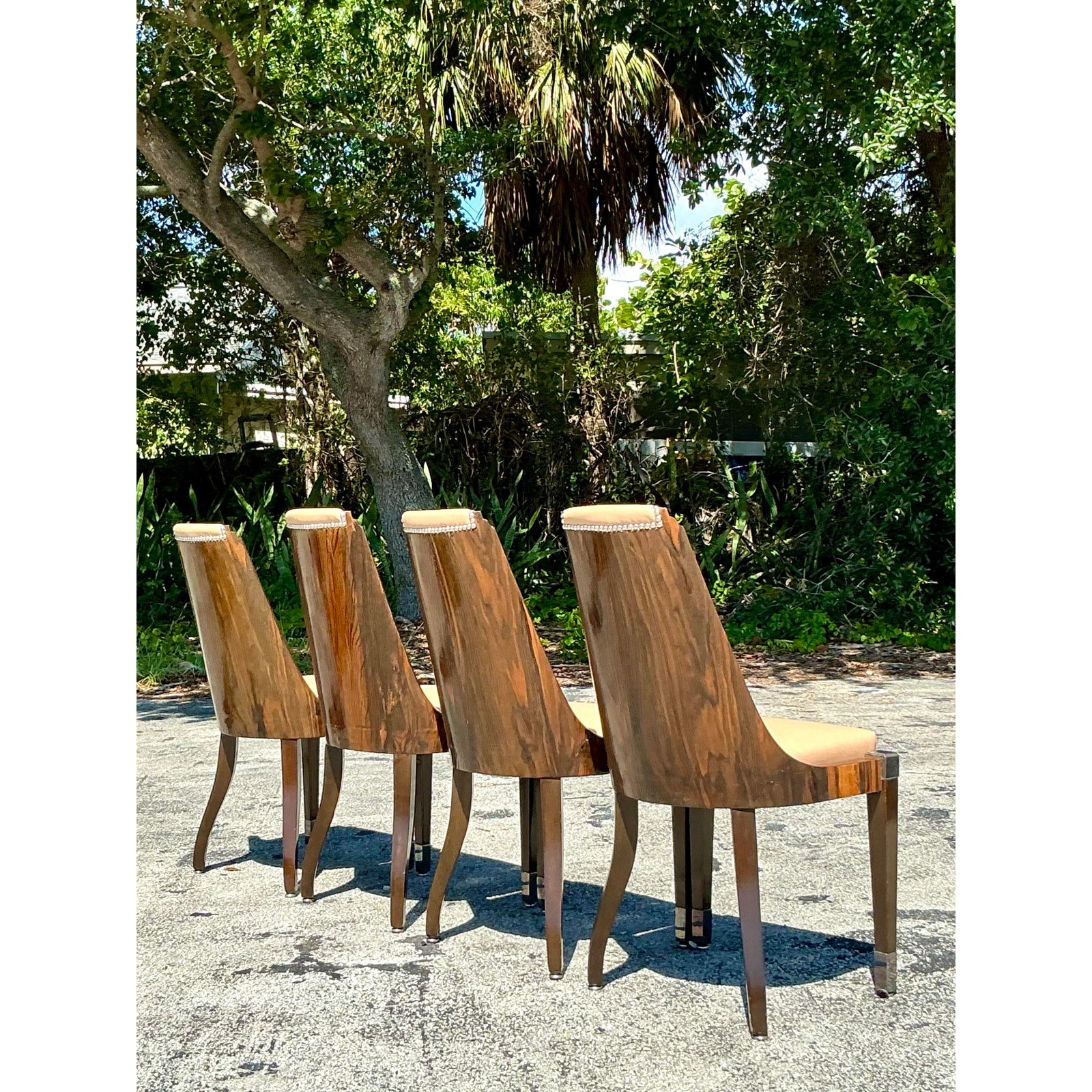 Vintage French Art Deco Burl and Leather Dining Chairs After Ruhlman -Set of 4 - Top view