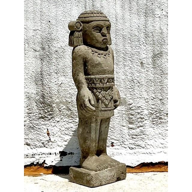 Vintage Boho Monumental Mayan Carved Stone Sculpture of Man - Back view