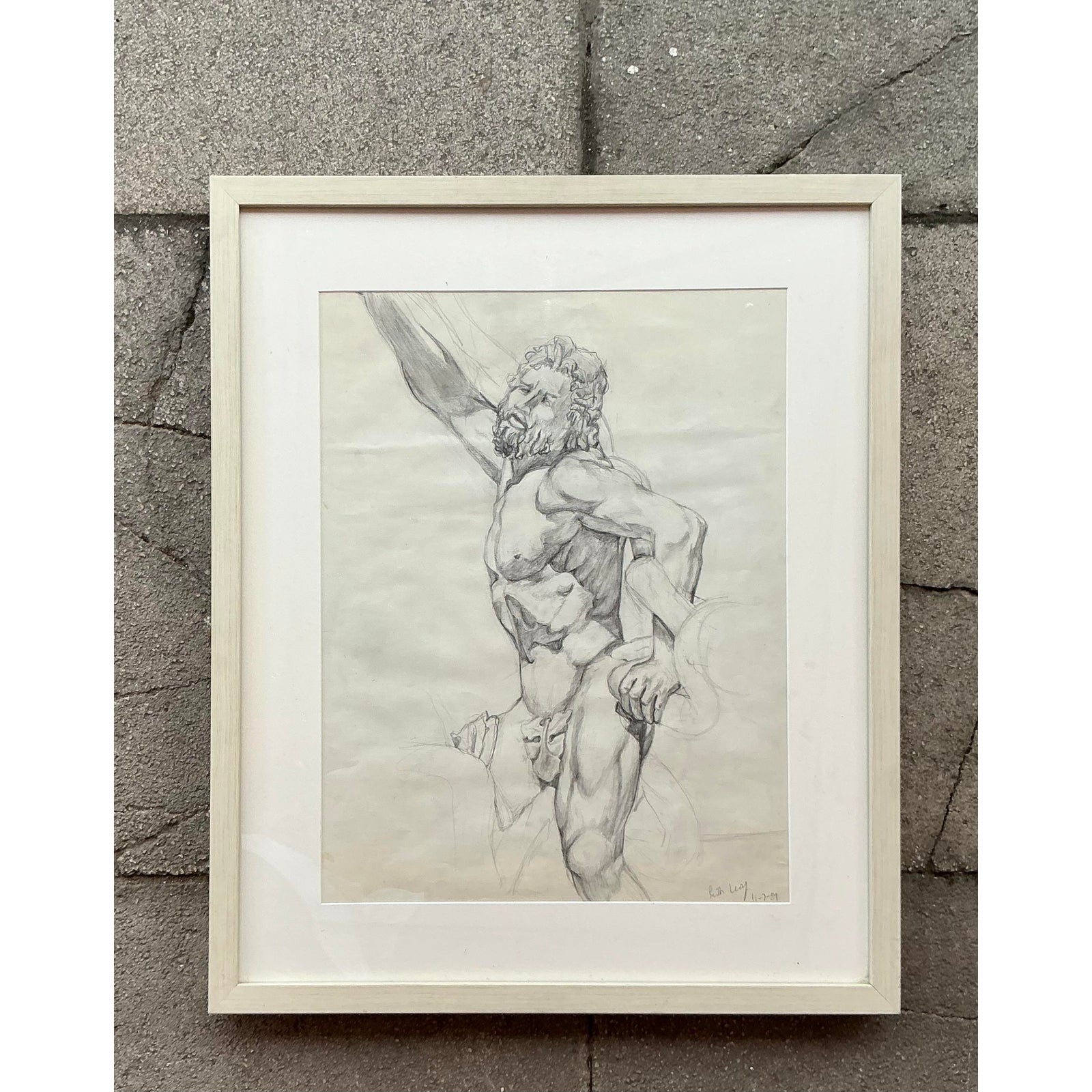 Vintage Boho Original Pencil Sketch of Man - Top view