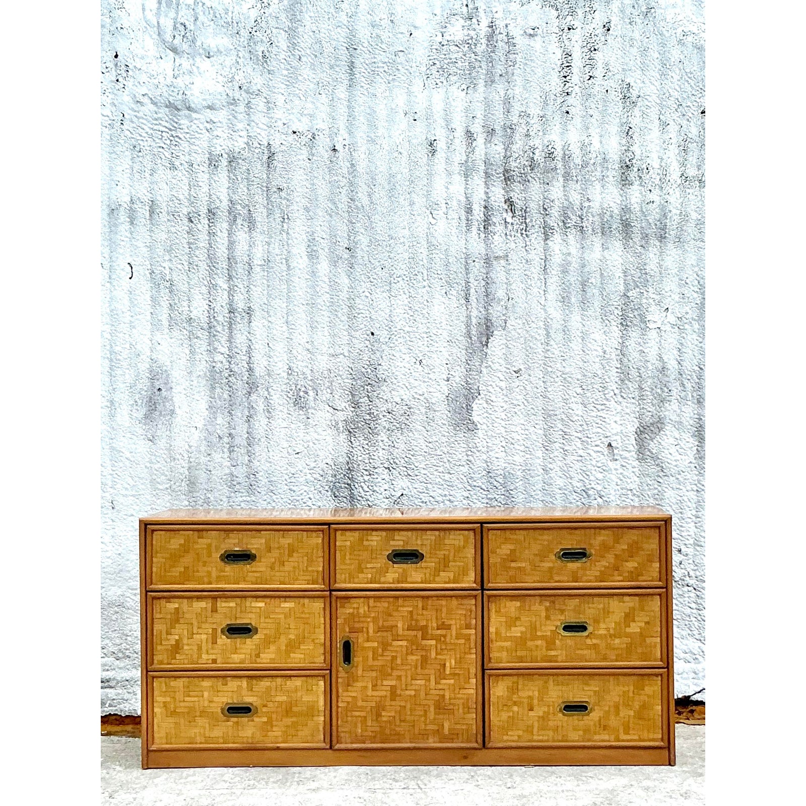 Vintage Coastal Parquet Rattan Credenza - Rattan, 64W x 30H - Back view