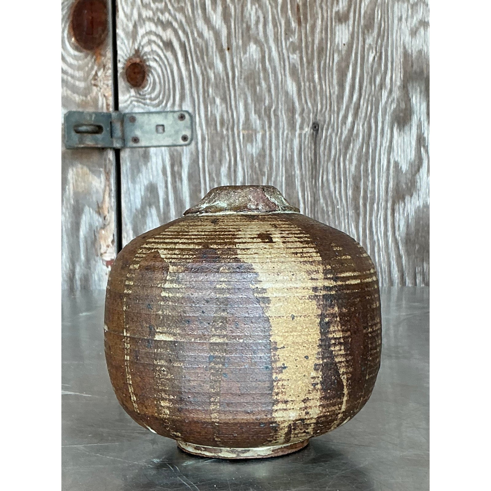 Vintage Boho Studio Pottery Vase - Stone, 5.25W x 5.25H - Side view