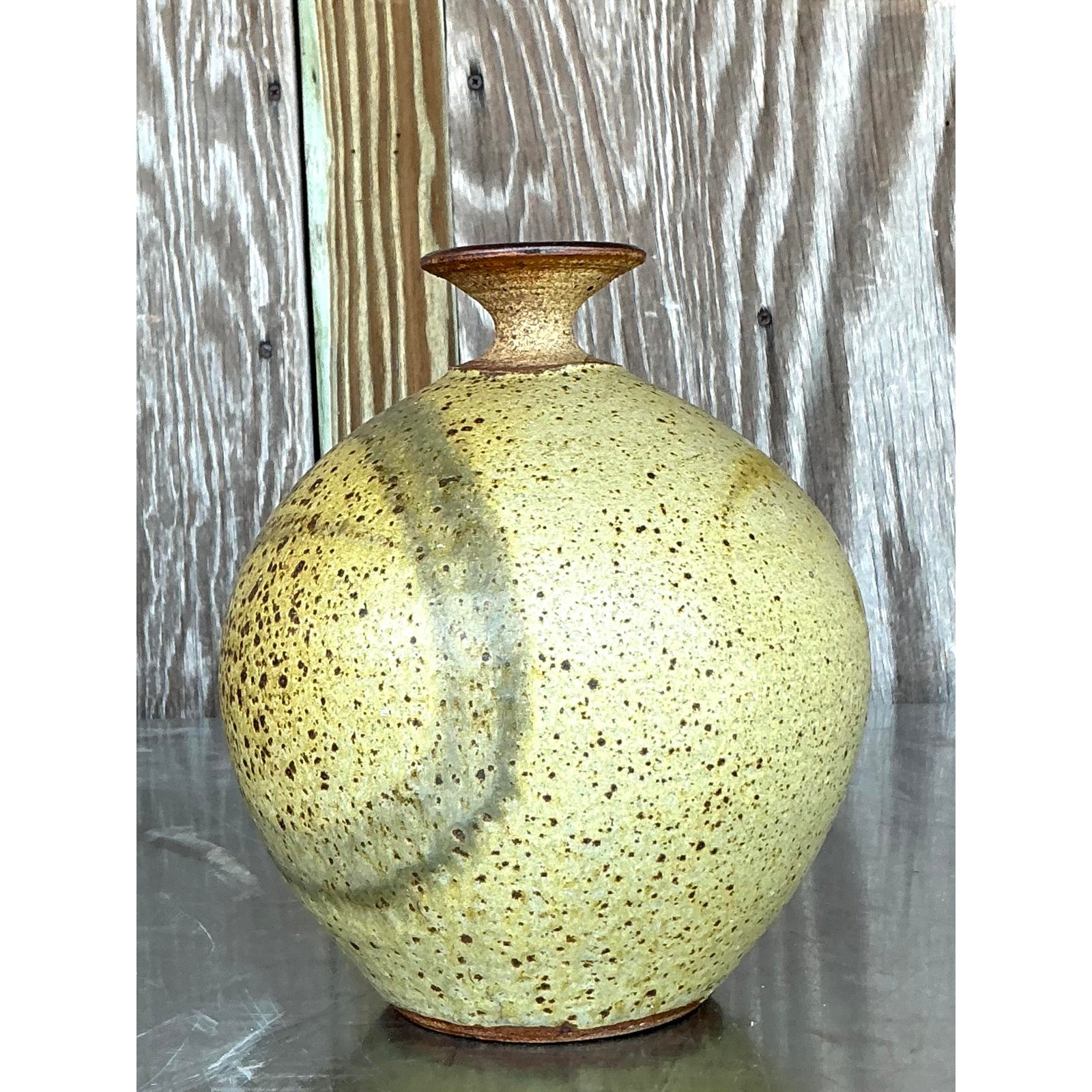 Vintage Boho Original Studio Pottery Vase - Stone, 7W x 9H - Back view