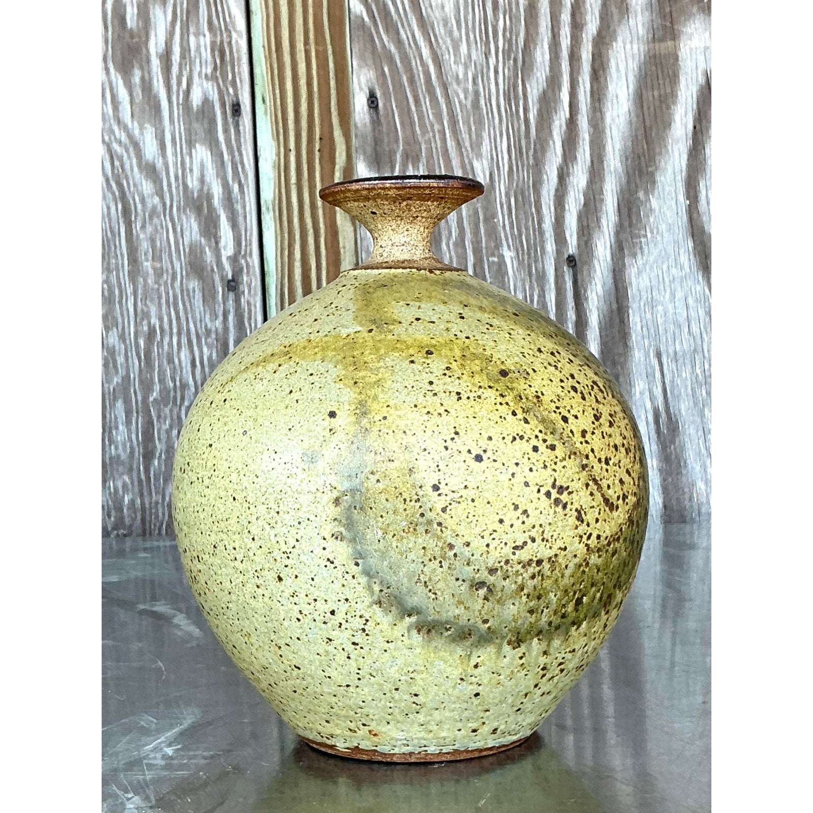 Vintage Boho Original Studio Pottery Vase - Stone, 7W x 9H - Top view