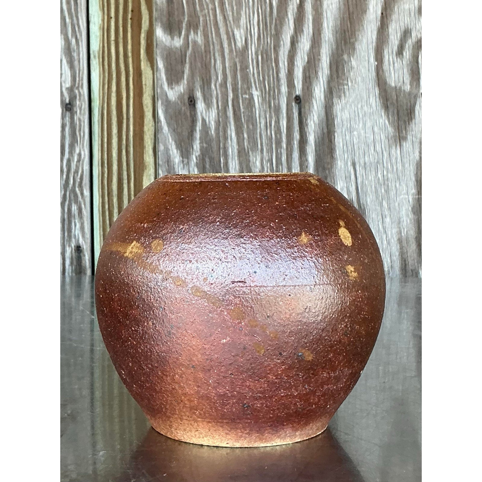 Vintage Boho Studio Pottery Vase - Stone, 6W x 5.5H - Top view
