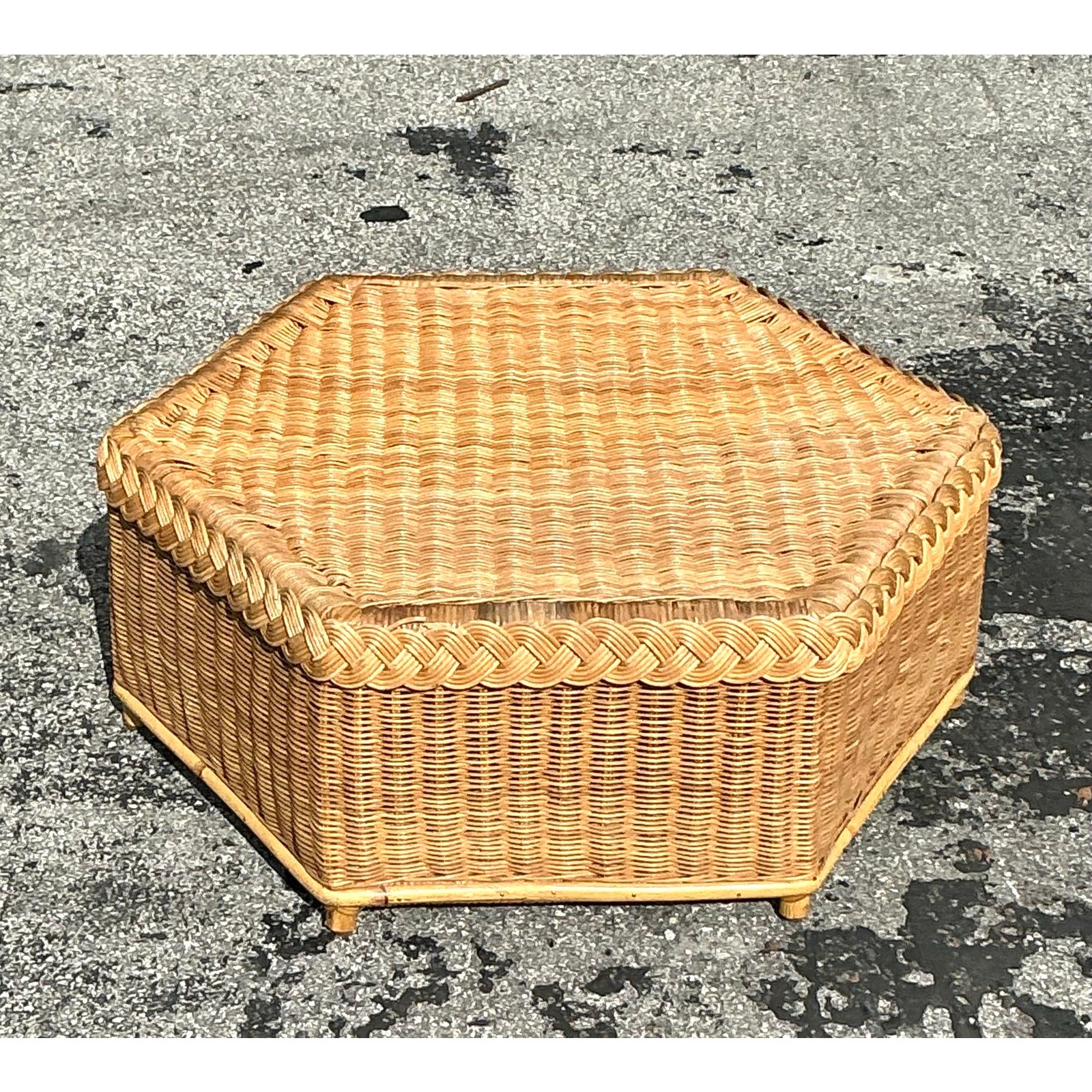 Vintage Coastal Brown Jordan Braided Rattan Coffee Table - Back view