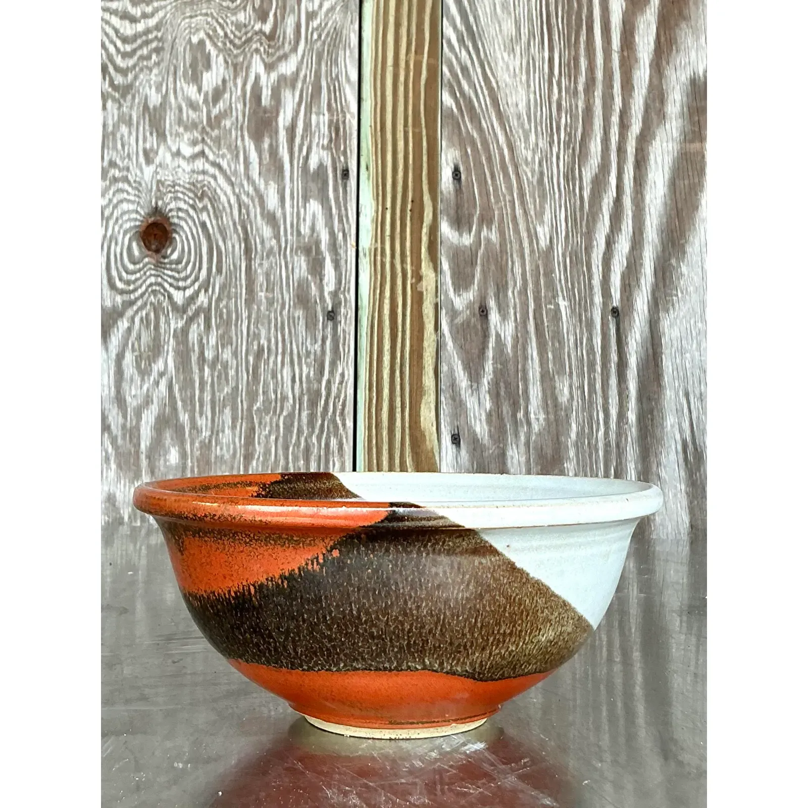 Vintage Boho Original Studio Pottery Bowl - Ceramic, 8.75W x 3.75H - Top view