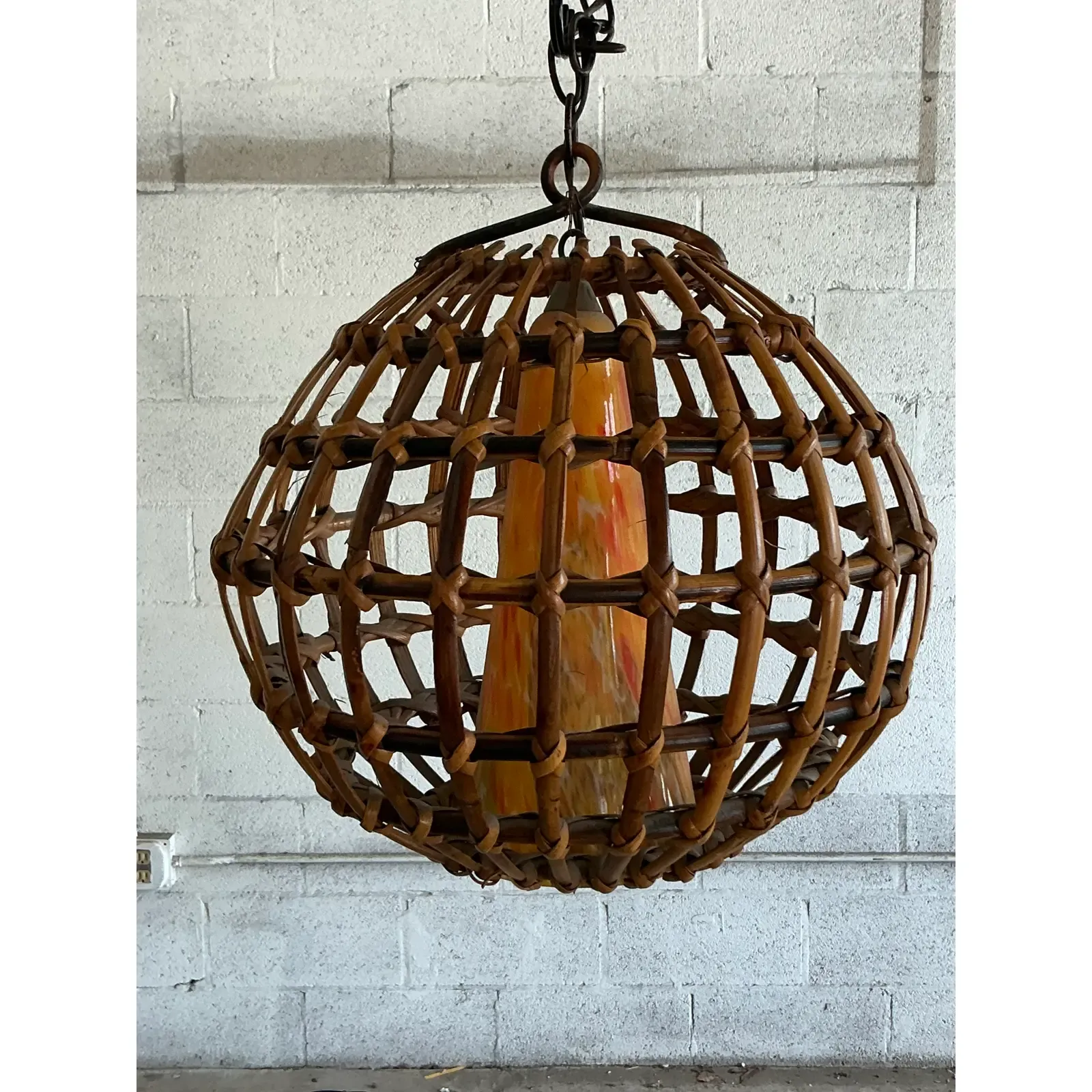 Vintage Boho Cage Rattan and Blown Glass Cone Chandelier - Side view