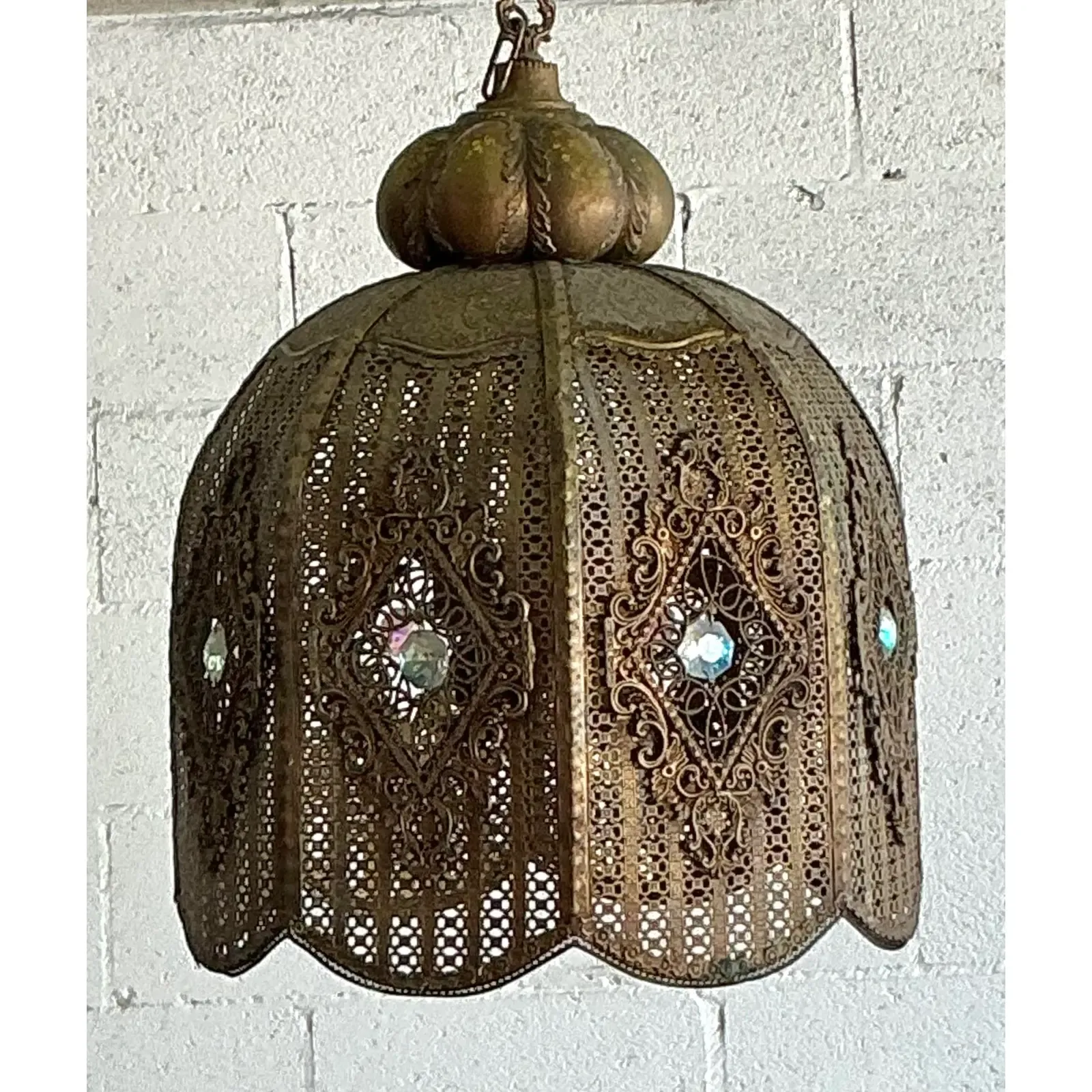 Vintage Boho Moroccan Brass Filagree Dome Lantern - Top view