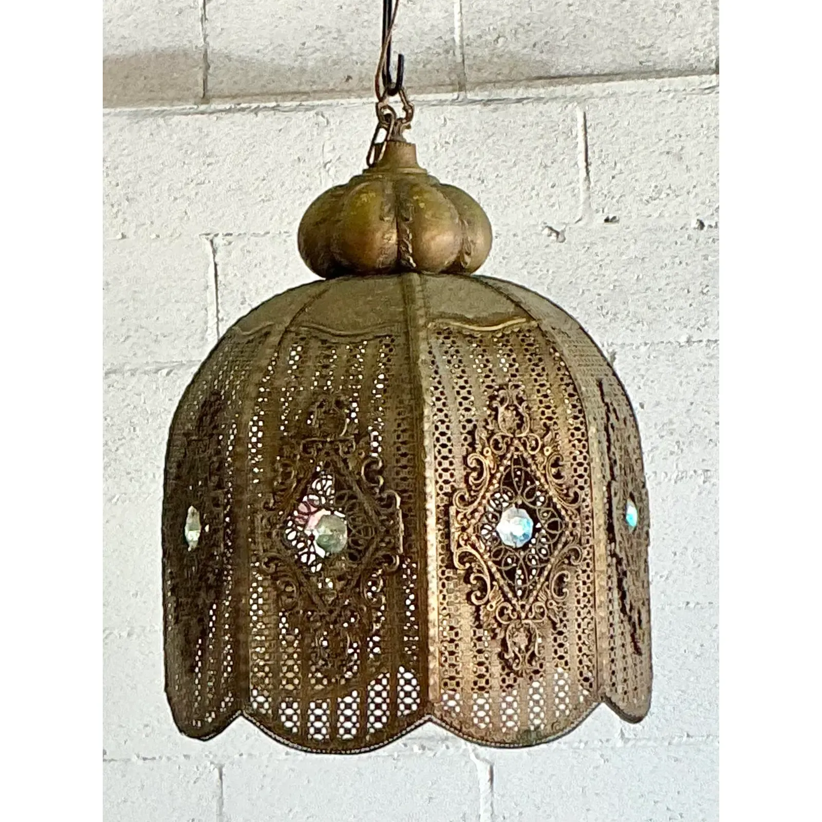 Vintage Boho Moroccan Brass Filagree Dome Lantern - Top view