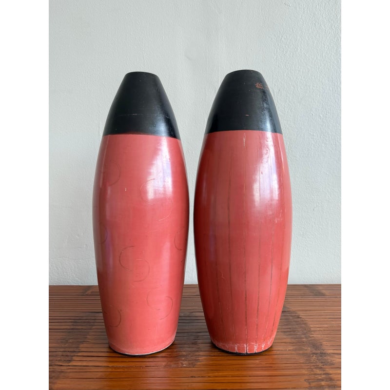 Vintage Boho Glazed Terracotta Vases- Set of 2 - Detail view