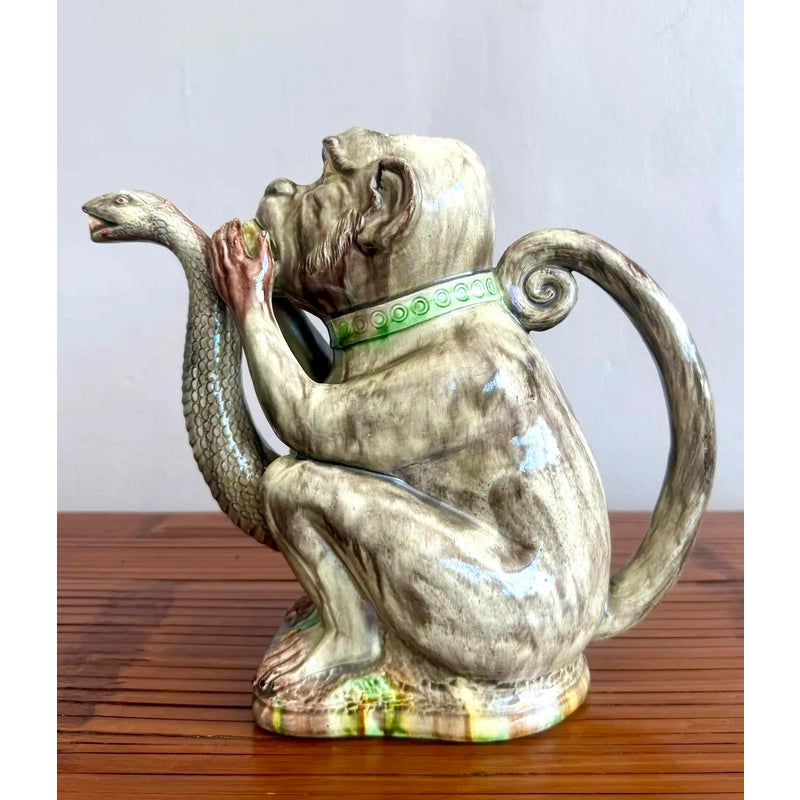 Late 20th Century Boho Ceramic Majolica-Style Monkey & Cobra Pitcher - Detail view